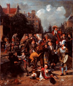 Amsterdam street-scene with a bear-tamer, by Matthijs Naiveu