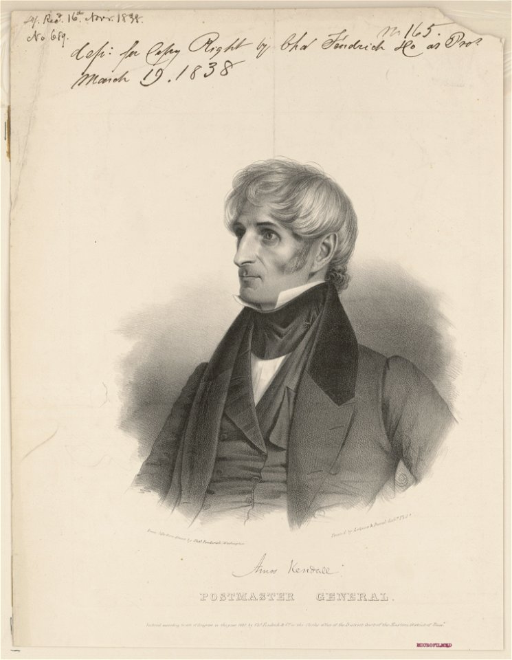 Amos Kendall, Postmaster General - from life & on stone by Chas. Fenderich, Washington ; printed by Lehman & Duval Lithrs. Phila. LCCN2003655041