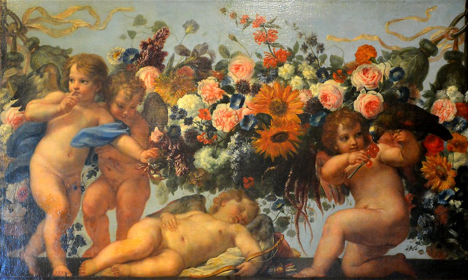 Amours et guirlande de fleurs avec un perroquet - Carlo Maratta - Q18573776