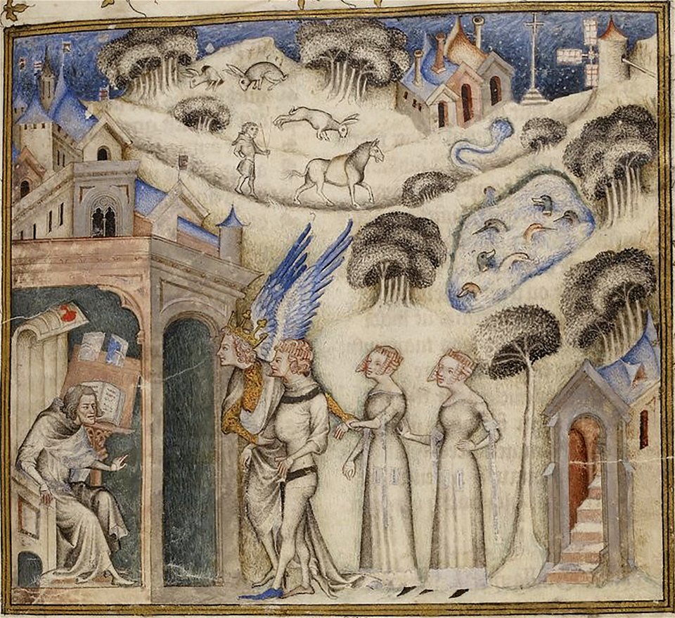 Amour leading his children Sweet Thought, Pleasure and Hope to Guillaume de Machaut, by Master of Bible of Jean de Sy 1372-77 (42374611771)