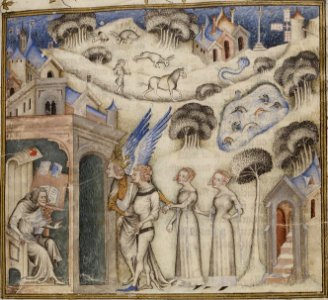 Amour leading his children Sweet Thought, Pleasure and Hope to Guillaume de Machaut, by Master of Bible of Jean de Sy 1372-77 (42374611771)