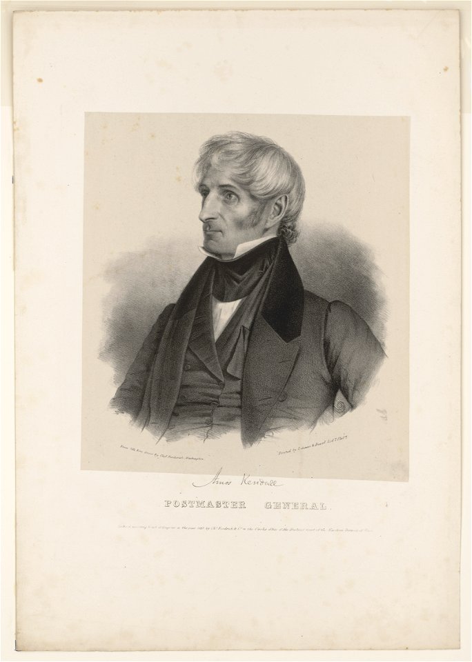 Amos Kendall, Postmaster General - from life & on stone by Chas. Fenderich, Washington, ; printed by Lehman & Duval Lidrs. (sic) Phila. LCCN2017657763