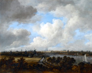 Amsterdam, as seen from the Amsteldijk (ca 1660), by Jacob van Ruisdael. Free illustration for personal and commercial use.
