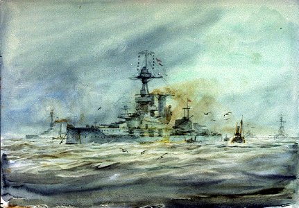 An 'Iron Duke'-class battleship at anchor and other vessels RMG PU9986