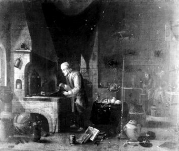 An alchemist in his laboratory. Oil painting by a follower o Wellcome L0015210