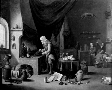 An alchemist in his laboratory. Oil painting by a follower o Wellcome M0008559