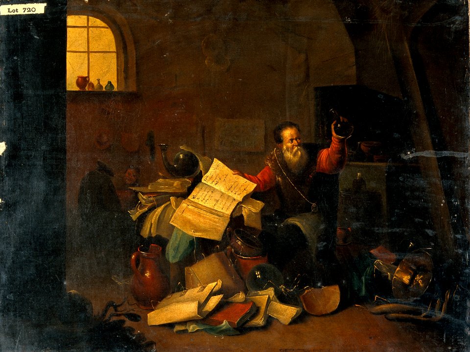 An alchemist in his laboratory. Oil painting. Wellcome V0017637