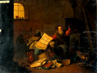 An alchemist in his laboratory. Oil painting. Wellcome V0017637