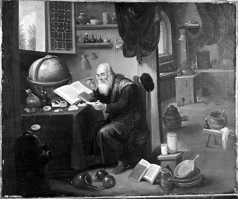 An alchemist in his laboratory. Oil painting by a follower o Wellcome L0011395