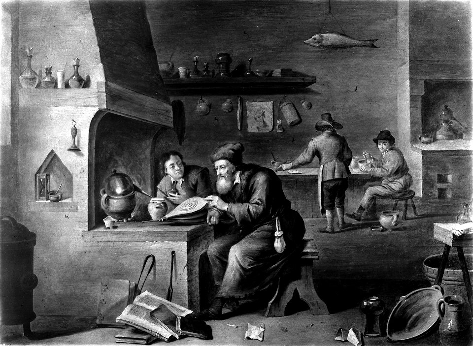 An alchemist in his laboratory. Oil painting by a follower o Wellcome M0005186