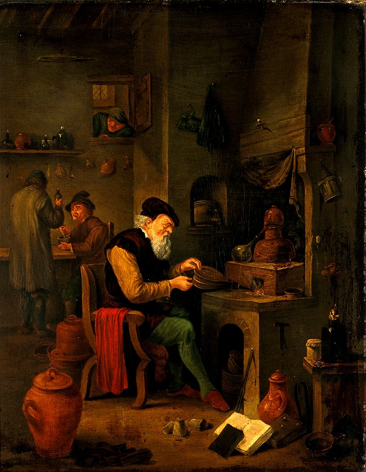 An alchemist in his laboratory. Oil painting by a follower o Wellcome V0017658
