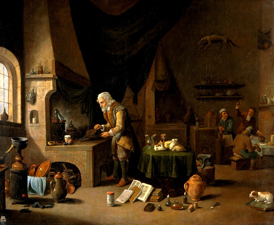 An alchemist in his laboratory. Oil painting by a follower o Wellcome V0017688