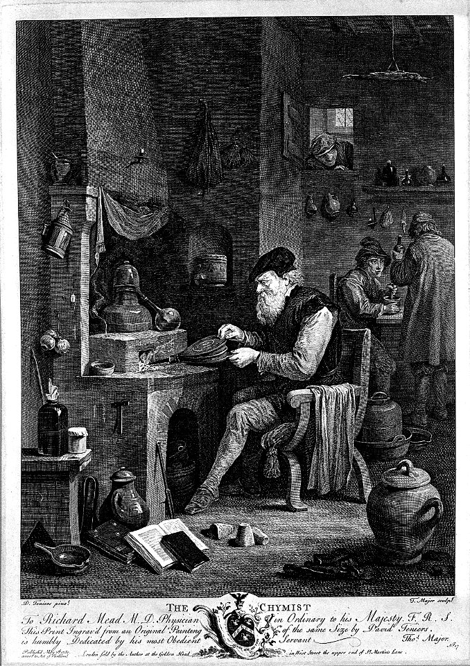 An alchemist using bellows in his furnace. Etching by T. Maj Wellcome L0004325