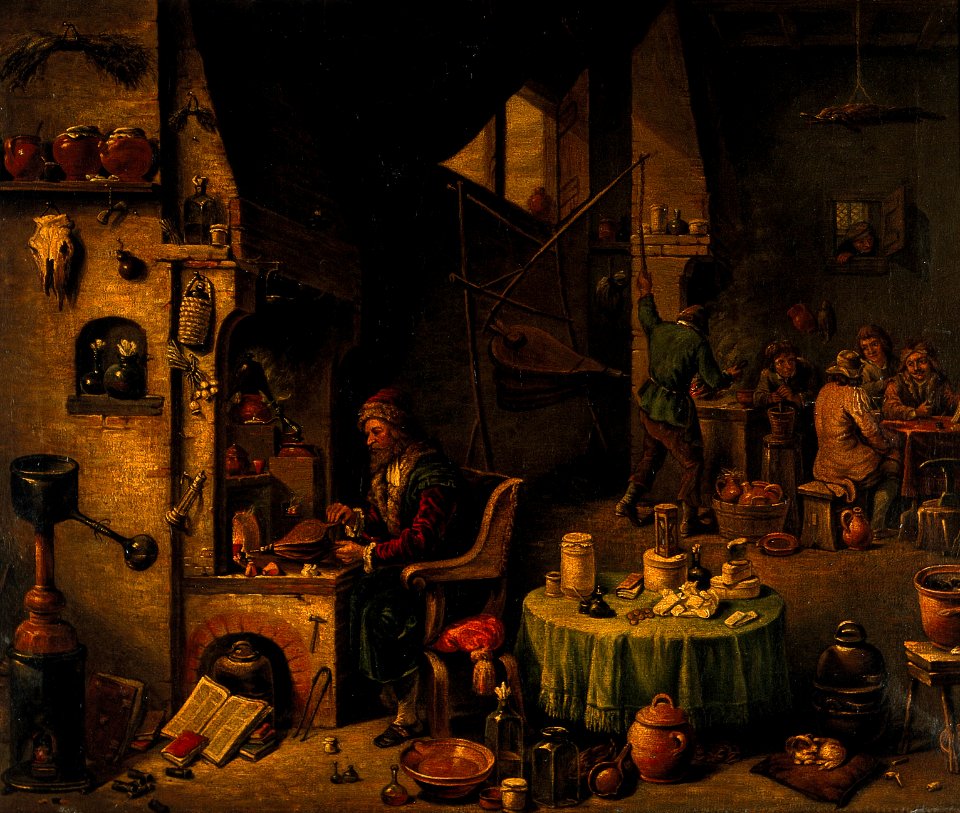 An alchemist in his laboratory. Oil painting by a follower o Wellcome V0017634