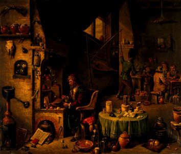 An alchemist in his laboratory. Oil painting by a follower o Wellcome V0017634