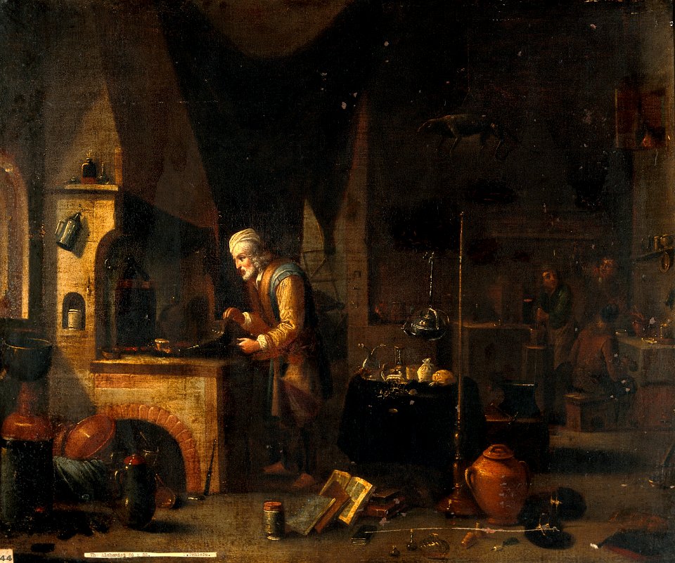 An alchemist in his laboratory. Oil painting by a follower o Wellcome V0017665