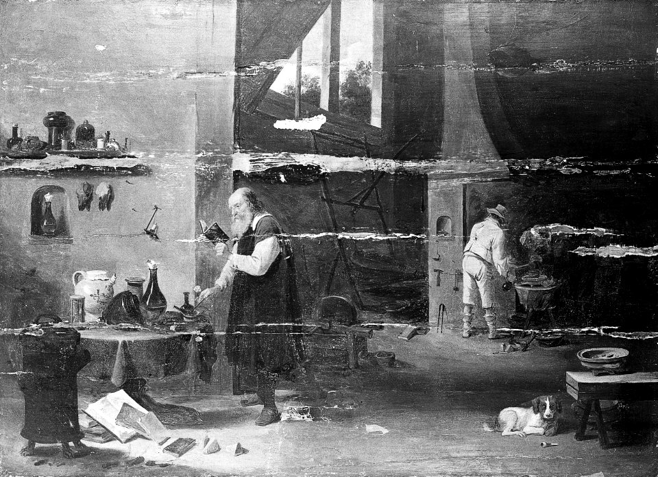 An alchemist in his laboratory. Oil painting by a follower o Wellcome L0011531