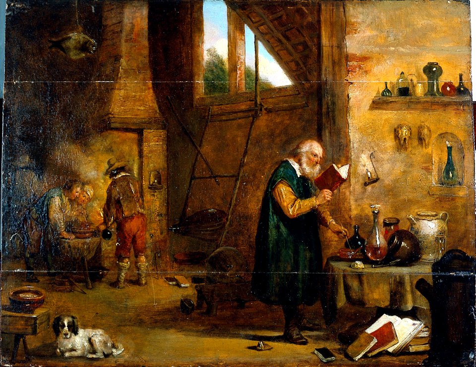 An alchemist in his laboratory. Oil painting by a follower o Wellcome L0018022