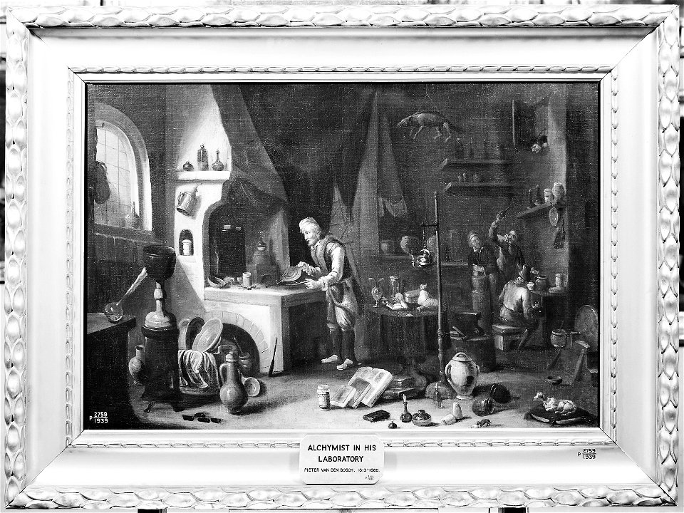 An alchemist in his laboratory. Oil painting by a follower o Wellcome M0007665