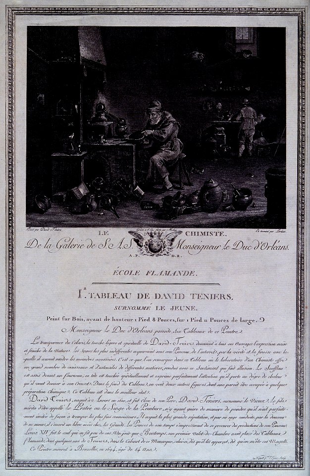 An alchemist with his assistants in his laboratory. Engravin Wellcome V0025542