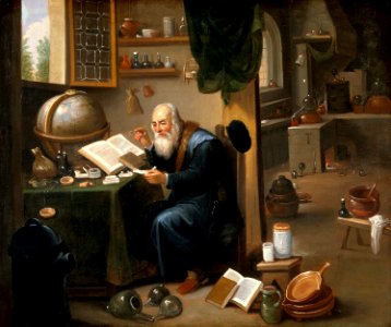 An alchemist in his laboratory. Oil painting by a follower o Wellcome V0017631