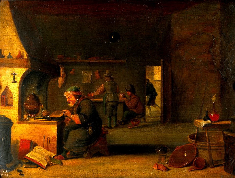 An alchemist in his laboratory. Oil painting by a follower o Wellcome V0017633