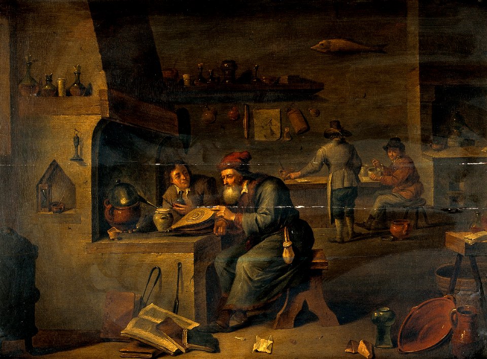 An alchemist in his laboratory. Oil painting by a follower o Wellcome V0017652