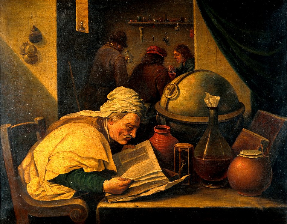 An alchemist in his laboratory. Oil painting by a follower o Wellcome V0017679
