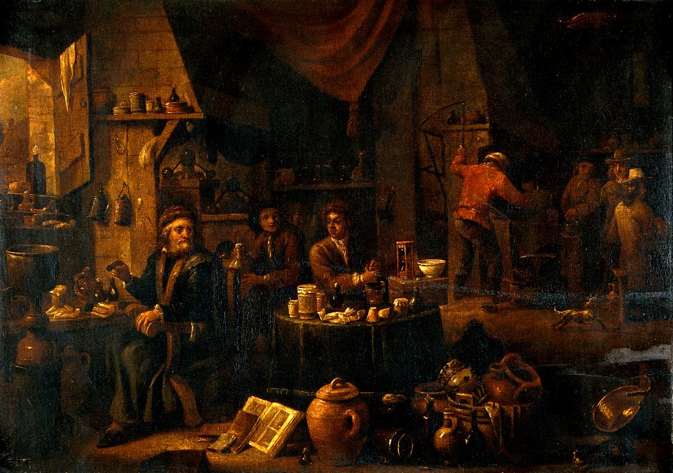 An alchemist in his laboratory. Oil painting by a follower o Wellcome V0017689