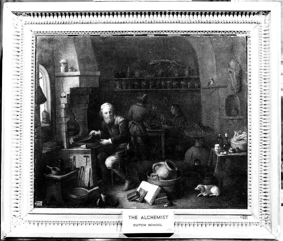 An alchemist seated at a furnace, turning away in thought. O Wellcome M0007667