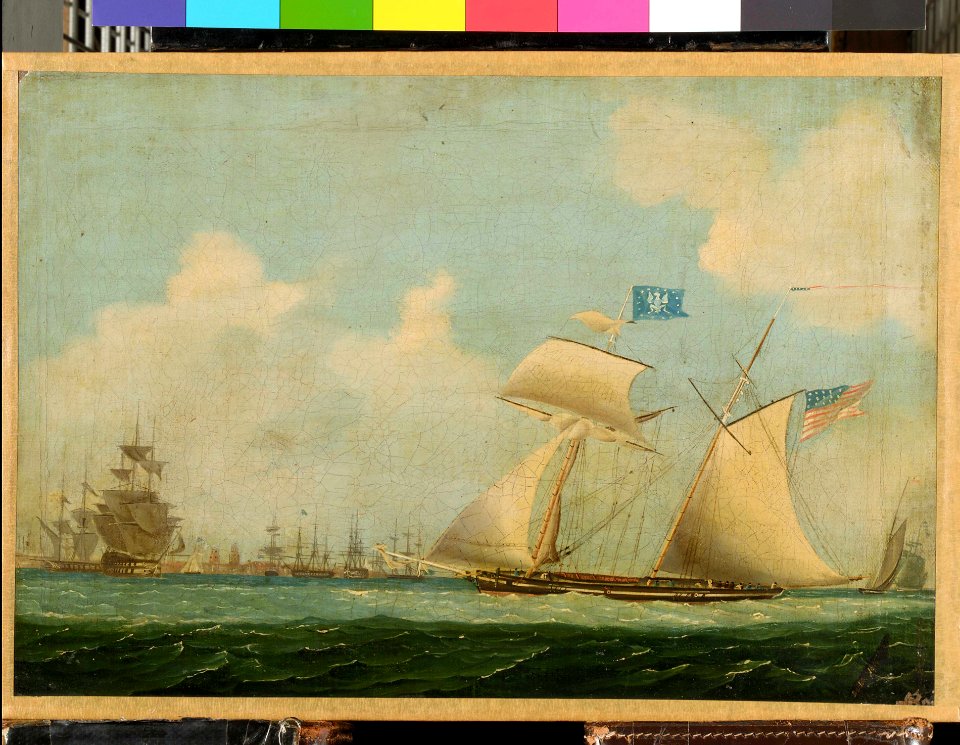 An American privateer schooner and other vessels near a harbour RMG BHC1089