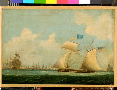 An American privateer schooner and other vessels near a harbour RMG BHC1089