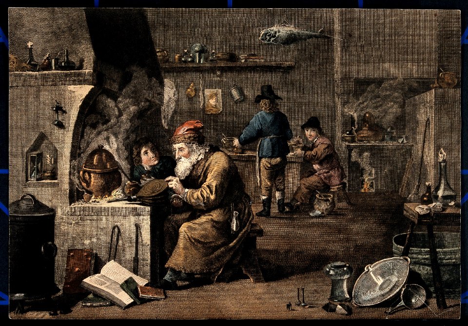 An alchemist with his assistants in his laboratory. Coloured Wellcome V0025540