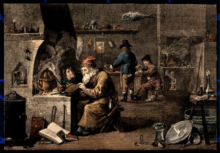 An alchemist with his assistants in his laboratory. Coloured Wellcome V0025540