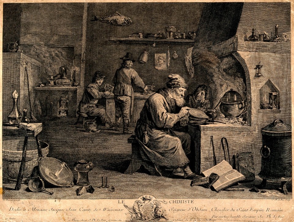 An alchemist with his assistants in his laboratory. Engravin Wellcome V0025541