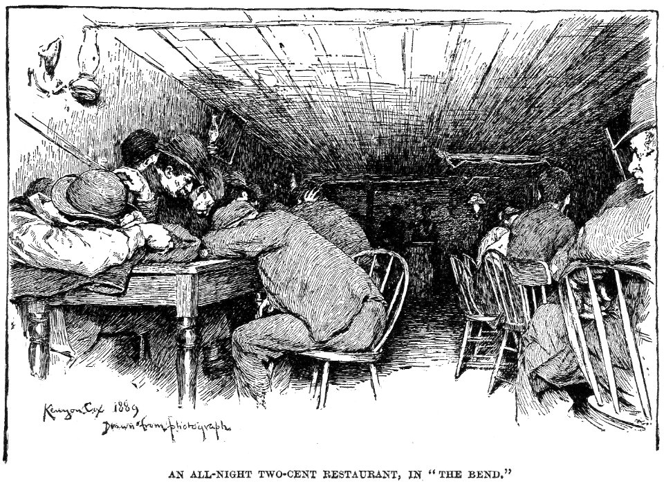 An all-night two-cent restaurant, in The Bend - drawing, cropped