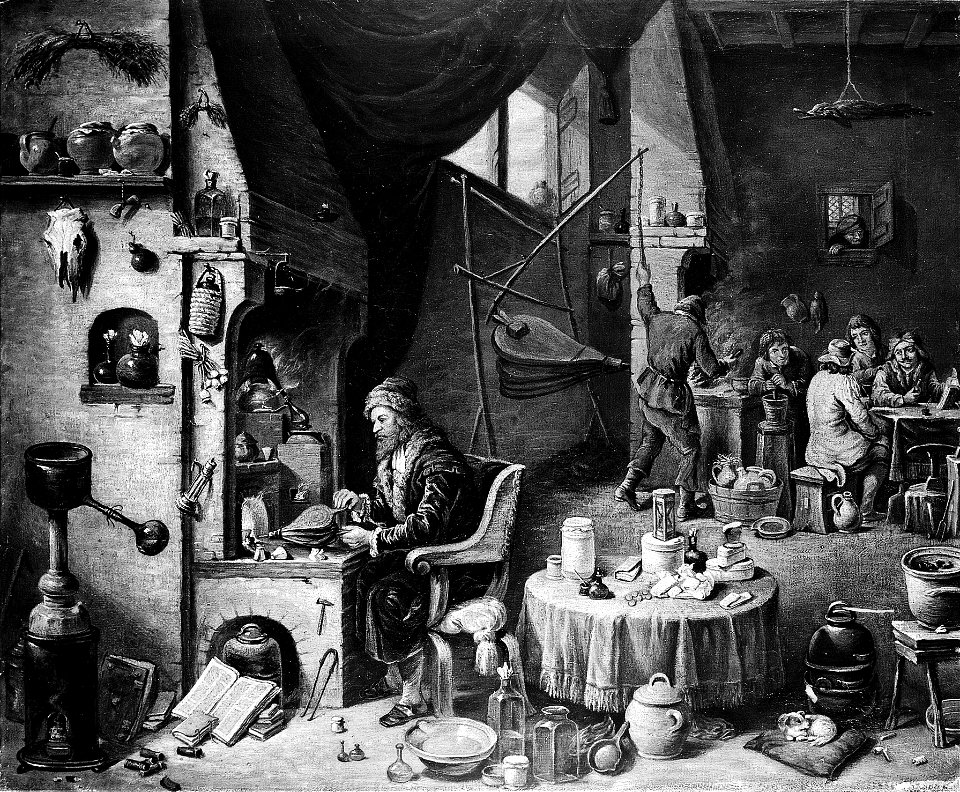 An alchemist in his laboratory. Oil painting by a follower o Wellcome M0011052
