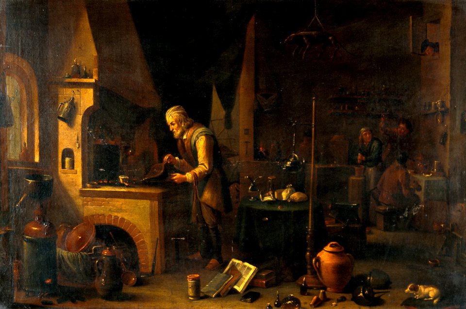 An alchemist in his laboratory. Oil painting by a follower o Wellcome V0017636