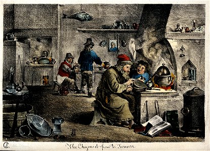 An alchemist with his assistants in his laboratory. Coloured Wellcome V0025539