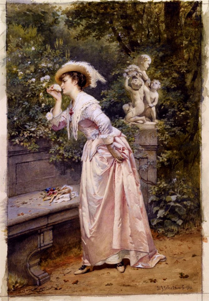 An elegant lady smelling roses by Hendrik Jacobus Scholten (1824-1907)