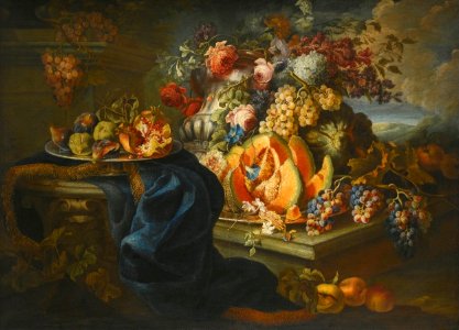 An Elaborate Still Life of Fruit and Flowers by Maximilian Pfeiler