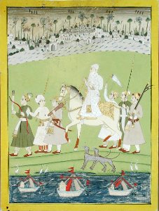 An elderly Deccani noble, or ruler, riding with six retainers before a city (6125090462)