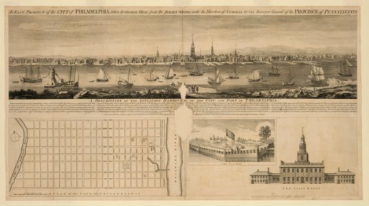 An east prospect of the city of Philadelphia; taken by George Heap from the Jersey shore, under the direction of Nicholas Scull surveyor general of the Province of Pennsylvania - engrav'd by LCCN2004672470