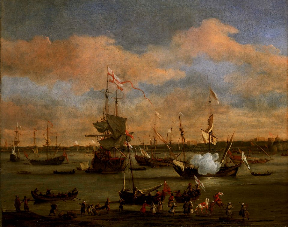 An English Merchant Ship in a Mediterranean Harbour in a Light Breeze with Many Other Vessels RMG BHC0890