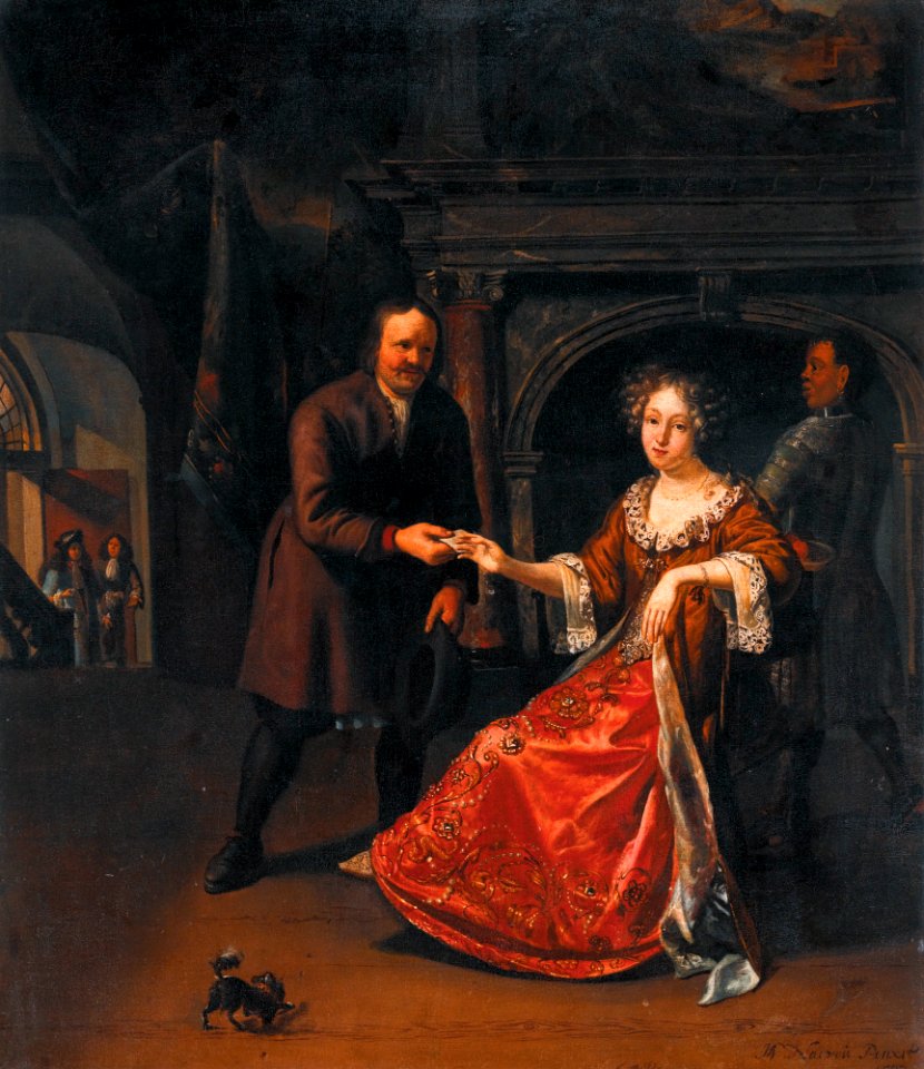An elegant lady receiving a letter, by Matthijs Naiveu