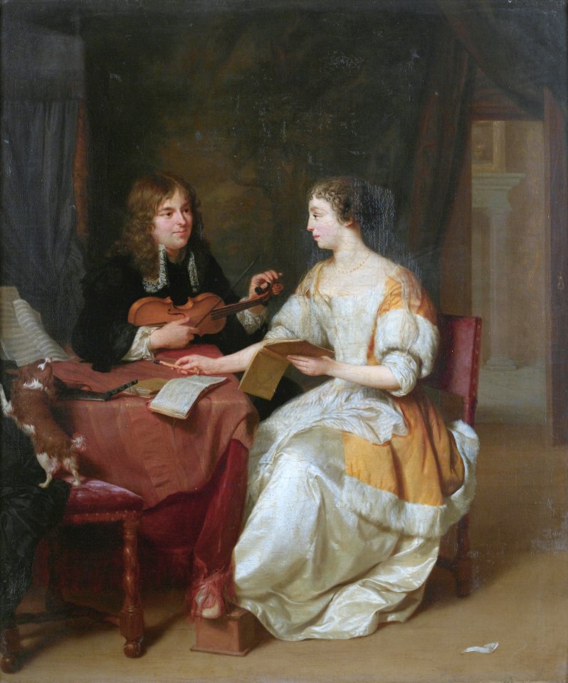 An elegant couple making music in an interior, by Jan Verkolje