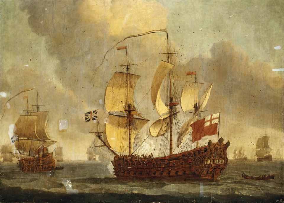 An English Fourth Rate ship-of-the-line, thought to be the 46-gun H.M.S. Mordaunt, announcing her departure from the fleet anchorage CSK 2012