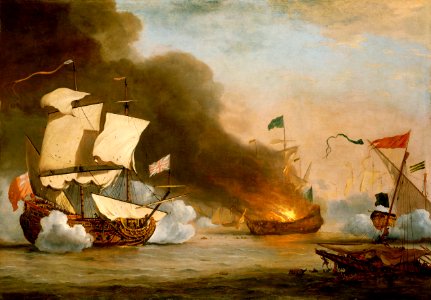 An English Ship in Action with Barbary Corsairs, circa 1685