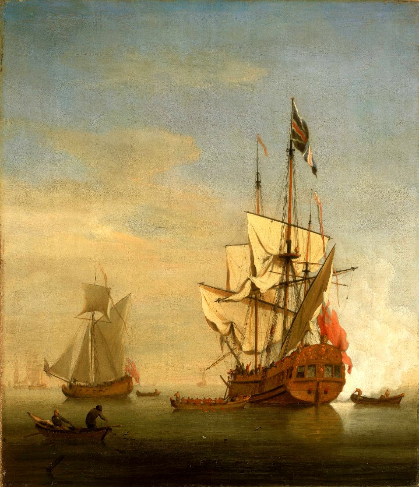 An English Sixth-Rate Ship Firing a Salute As a Barge Leaves; A Royal Yacht Nearby RMG BHC0908
