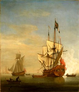 An English Sixth-Rate Ship Firing a Salute As a Barge Leaves; A Royal Yacht Nearby RMG BHC0908